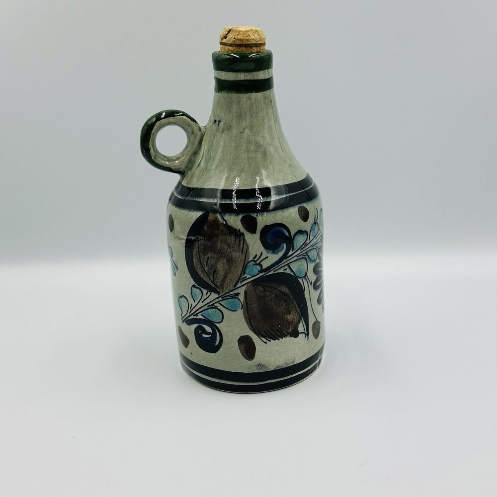 Tonala Mexico Art Pottery Jug Decanter Cork Stopper Signed Green Blue 7" Tall